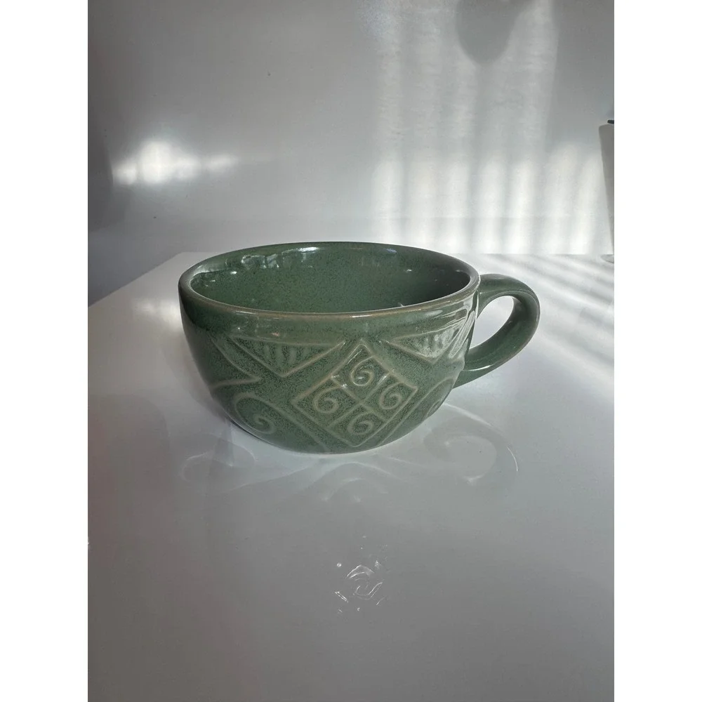 Pier 1 Green Stoneware Soup Mug Geometric Debossed Texture Oversized Cup 5 inch